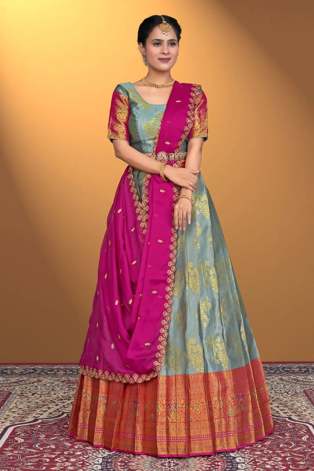 Gray Semi-Stitched Lehenga Choli In Banarasi Silk