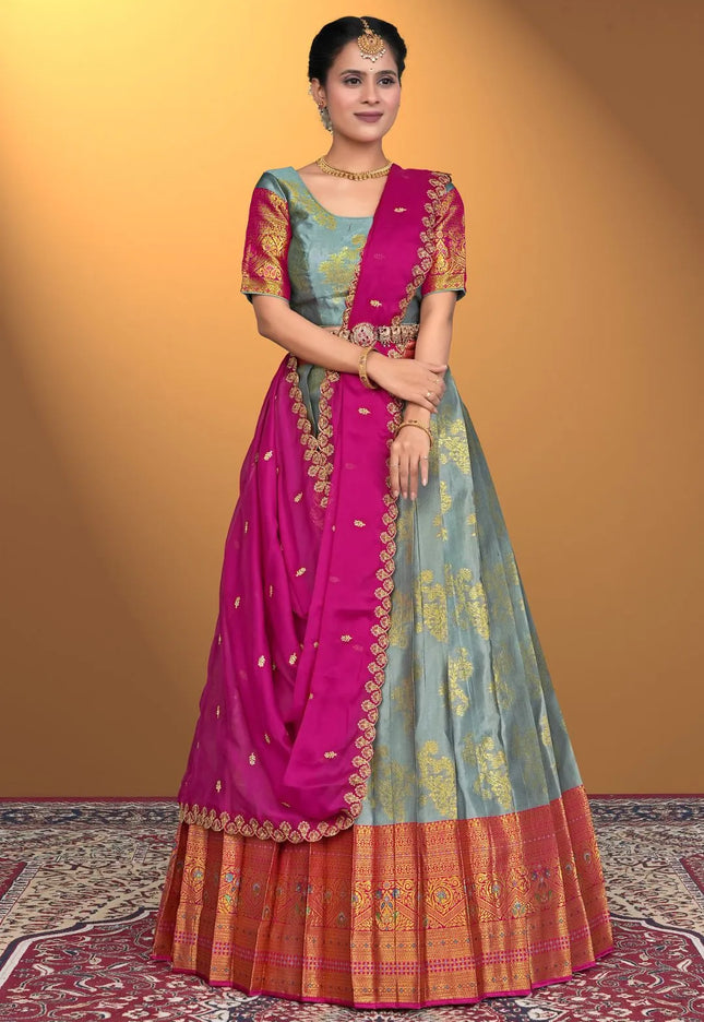 Gray Semi-Stitched Lehenga Choli In Banarasi Silk