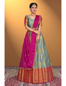 Gray Semi-Stitched Lehenga Choli In Banarasi Silk