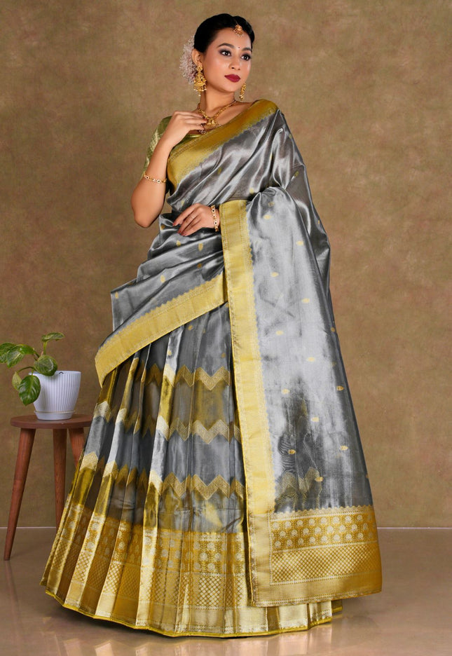 Woman wearing a gray and gold lehenga choli with dupatta
