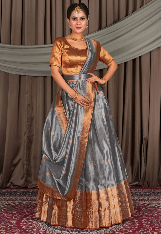 Gray Tissue Silk Zari Work Lehenga For Women