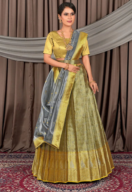 Gray Pure Two Tone Zari Tissue Pattu Half Saree For Women