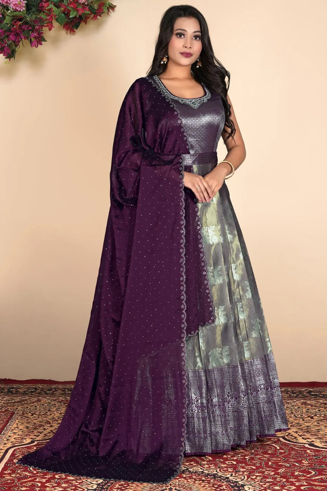 Gray Zari Silk Zari Woven Gown With Dupatta