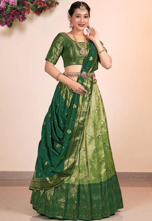 Green Banarasi Silk Half Saree With Zari Weaving