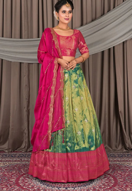 Green Banarasi Silk Lehenga Choli In Festival