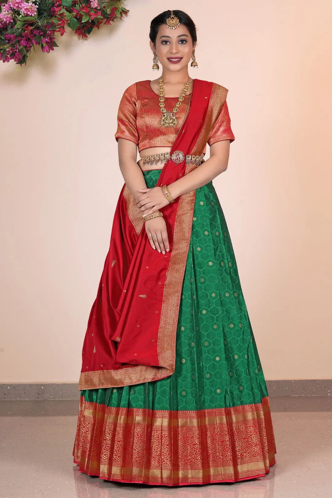 Green Banarasi Silk Pattu Pavadai For Women