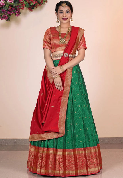 Green Banarasi Silk Pattu Pavadai For Women