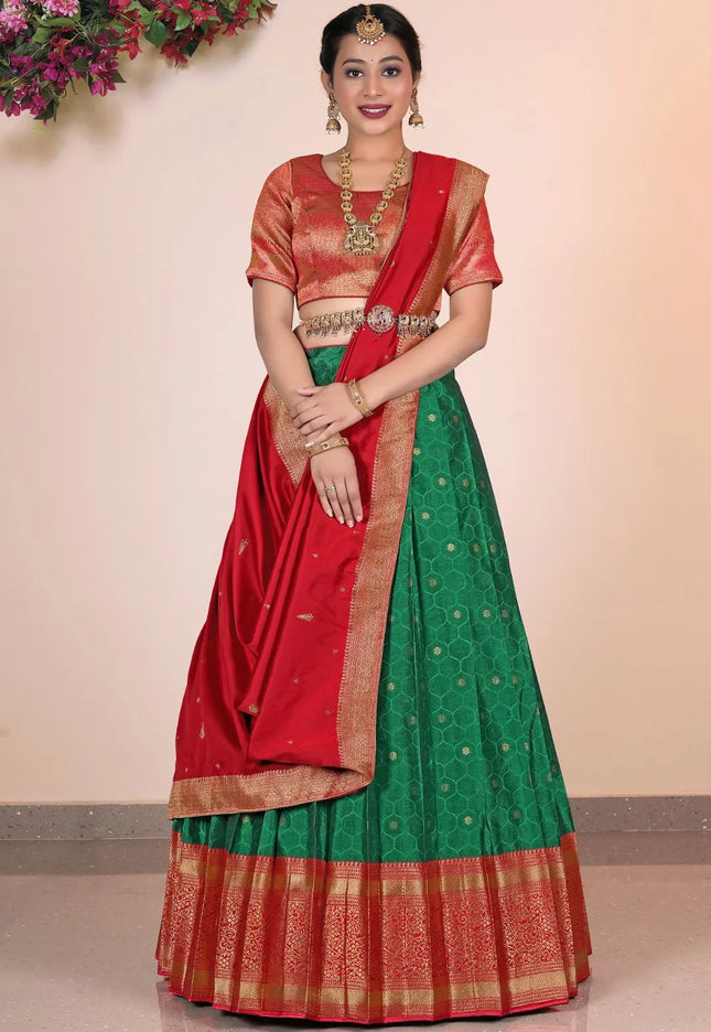 Green Banarasi Silk Pattu Pavadai For Women