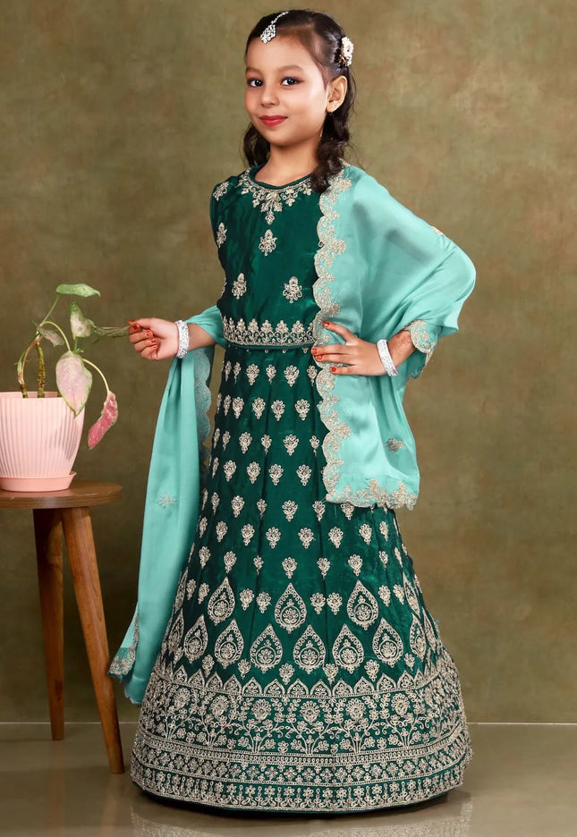 Green Colour Kids Readymade Lehenga For Girls