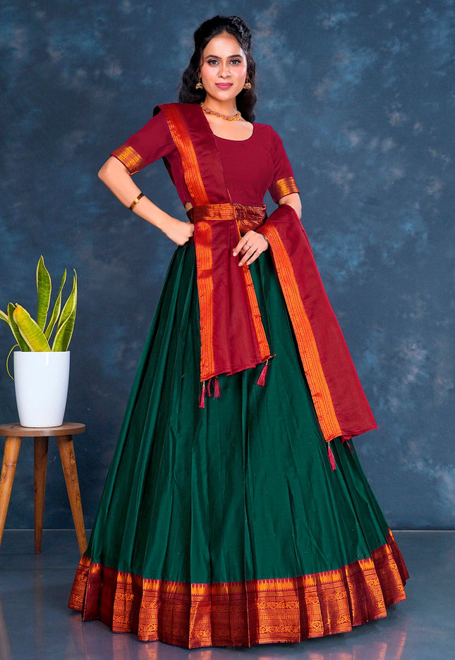 Green Cotton Silk Lehenga Choli with Zari Work Gajiwala Saree