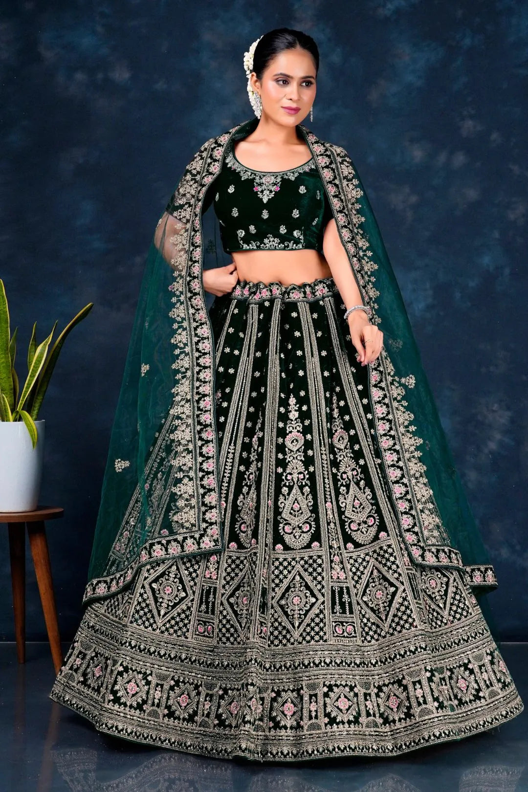 Green Designer Wedding Lehenga in Velvet