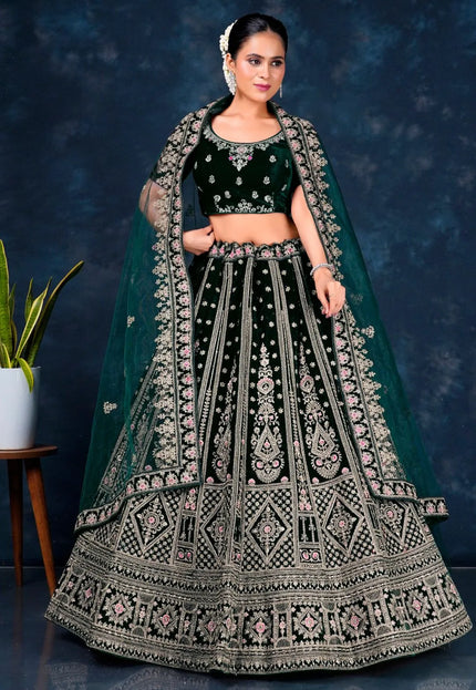 Green Designer Wedding Lehenga in Velvet