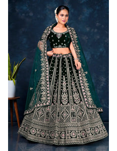Green Designer Wedding Lehenga in Velvet