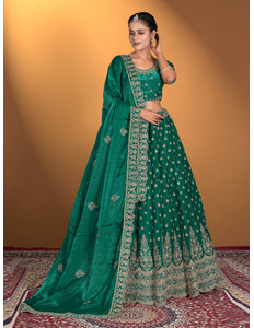 Green embroidered traditional lehenga with matching blouse and dupatta