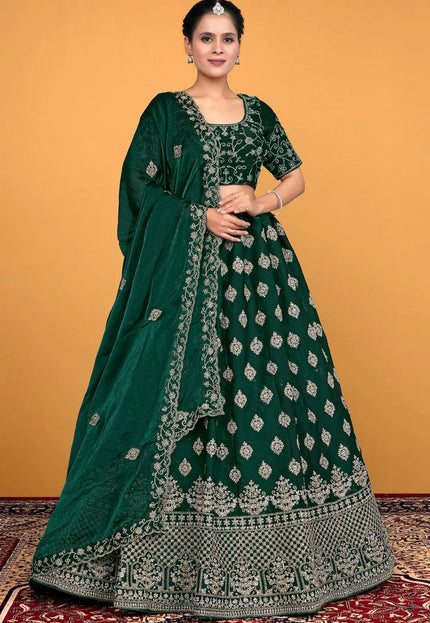 Green Fendy Silk Embroidered Semi-Stitched Lehenga Choli
