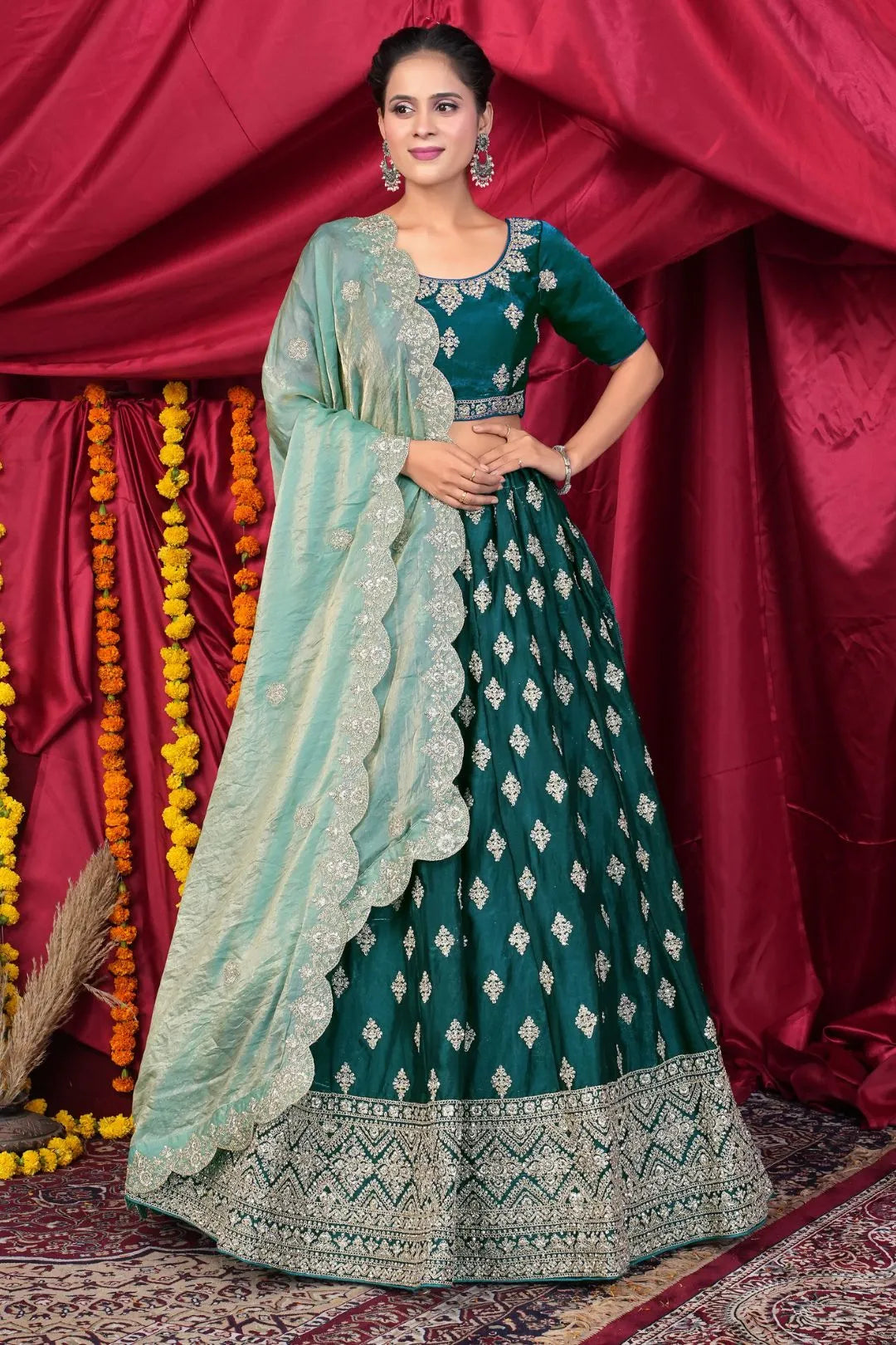 Green Fendy Silk Pattu Lehenga Choli With Embroidery Work