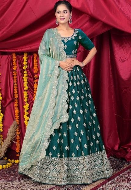 Green Fendy Silk Pattu Lehenga Choli With Embroidery Work