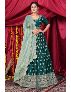 Green Fendy Silk Pattu Lehenga Choli With Embroidery Work