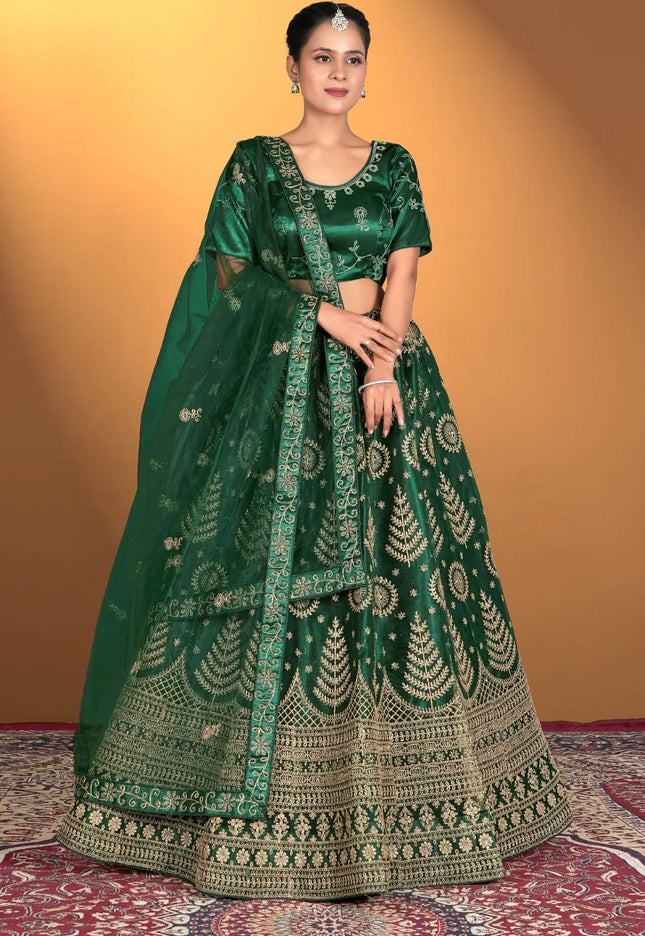 Green Net Lehenga Choli For Women With Embroidery Work
