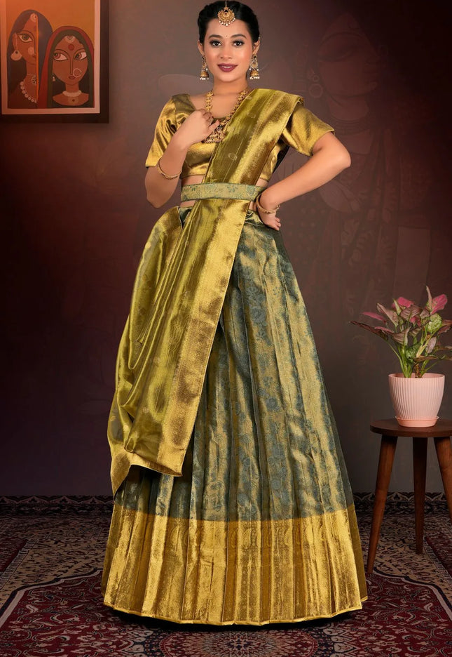 Green Pure Two Tone Zari Tissue Lehenga Choli with Zari Work