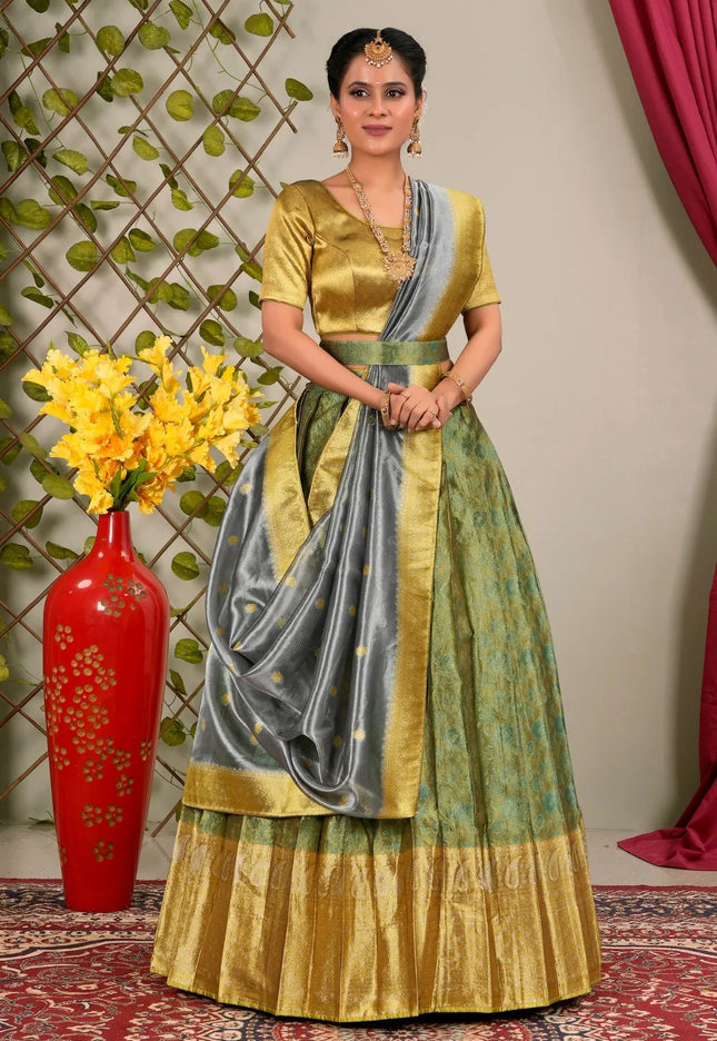 Green Pure Two Tone Zari Tissue Pattu Lehenga Choli