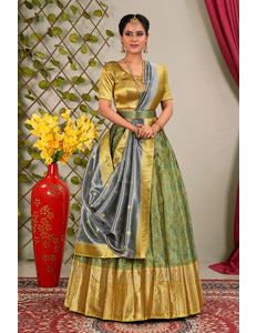 Green Pure Two Tone Zari Tissue Pattu Lehenga Choli