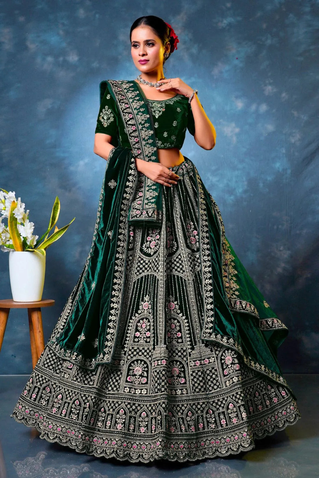 Green Velvet Designer Bridal Lehenga Choli with Double Dupatta