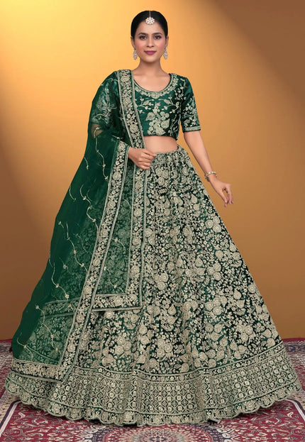 Green Velvet Lehenga Choli With Net Dupatta For Women