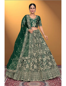 Green Velvet Lehenga Choli With Net Dupatta For Women