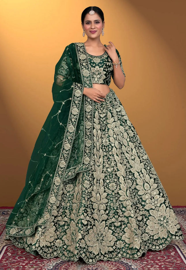 Green Velvet Lehenga Choli With Net Dupatta For Women