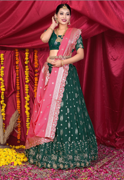 Woman in a green and pink traditional lehenga choli