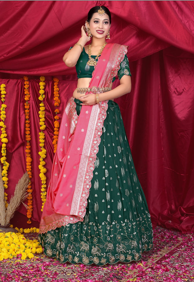 Woman in a green and pink traditional lehenga choli