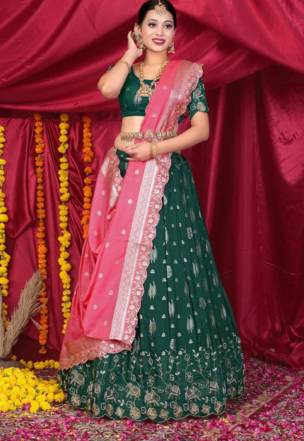 Green Viscose Jacquard Pattu Lehenga Choli With Zari Work