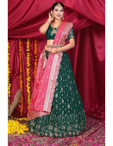 Green Viscose Jacquard Pattu Lehenga Choli With Zari Work