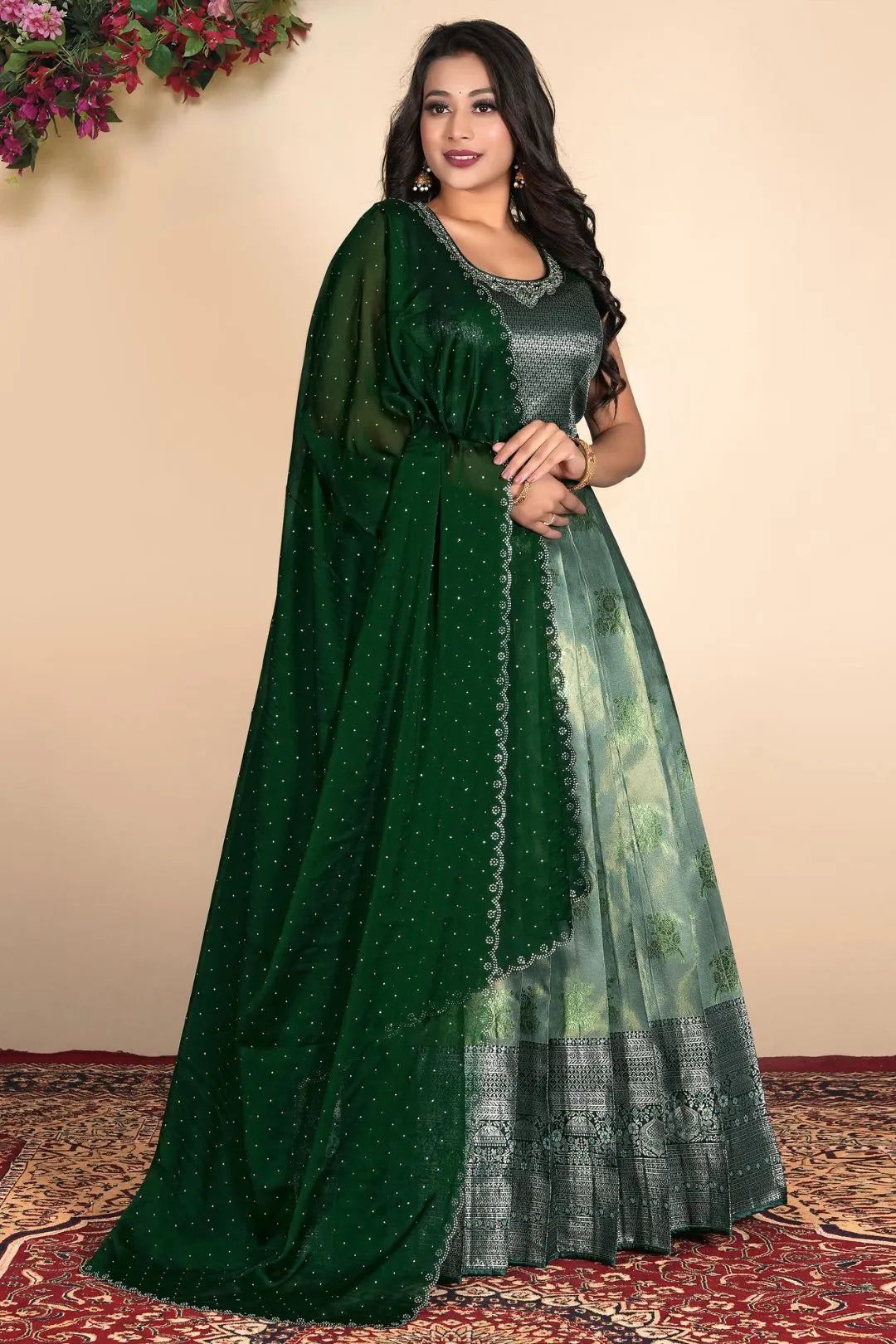 Green Zari Silk Zari Woven Gown With Dupatta