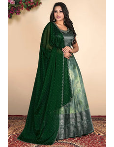 Green Zari Silk Zari Woven Gown With Dupatta