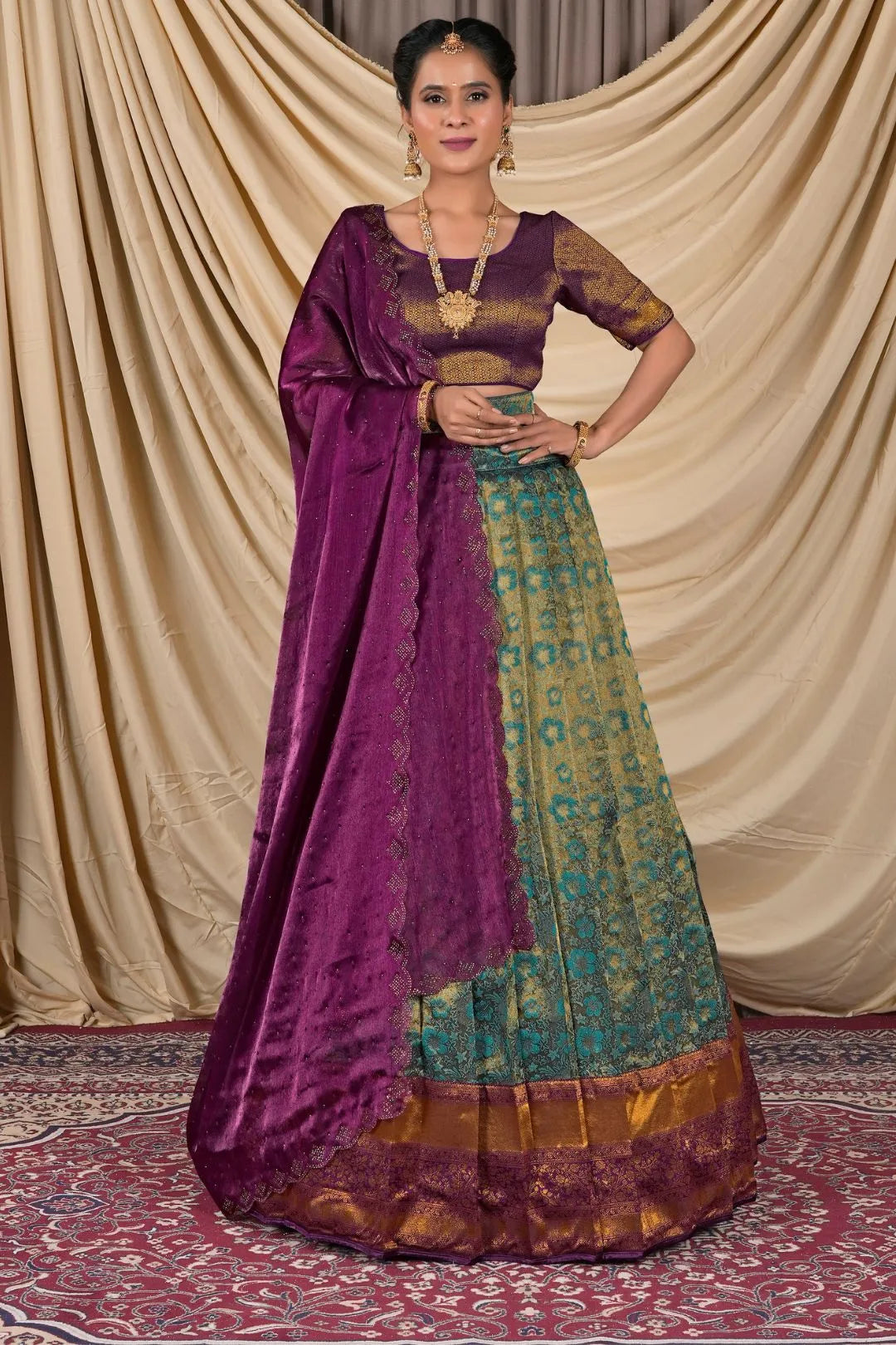 Green Zari Tissue Silk Lehenga Choli For Women