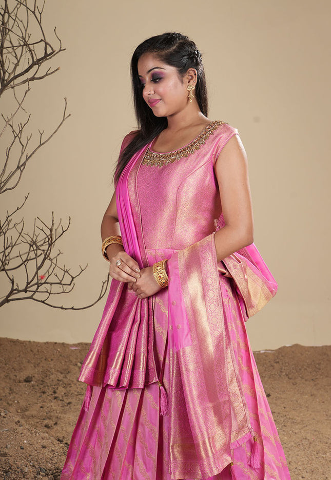Pink Banarasi Silk Gown