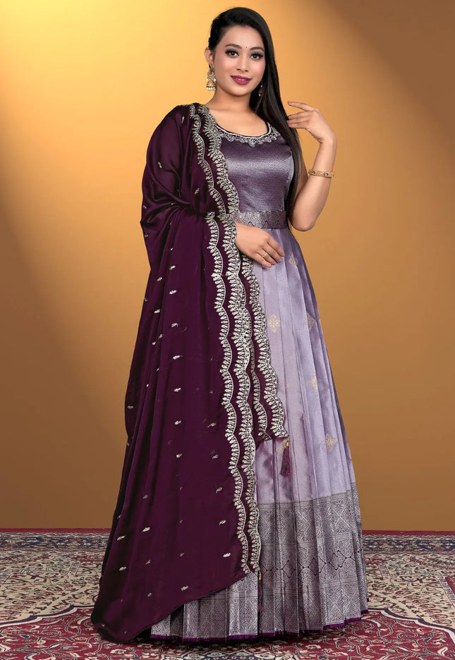Lavender Banarasi Silk Zari Woven Gown With Dupatta