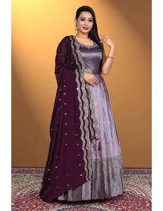 Lavender Banarasi Silk Zari Woven Gown With Dupatta