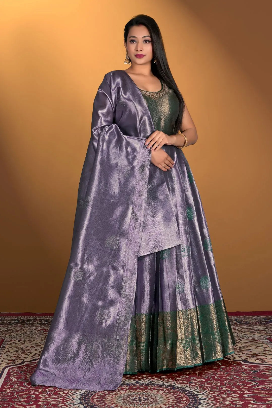 Lavender Banarasi Silk Zari Woven Gown With Dupatta
