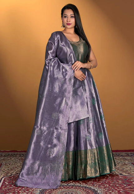 Lavender Banarasi Silk Zari Woven Gown With Dupatta