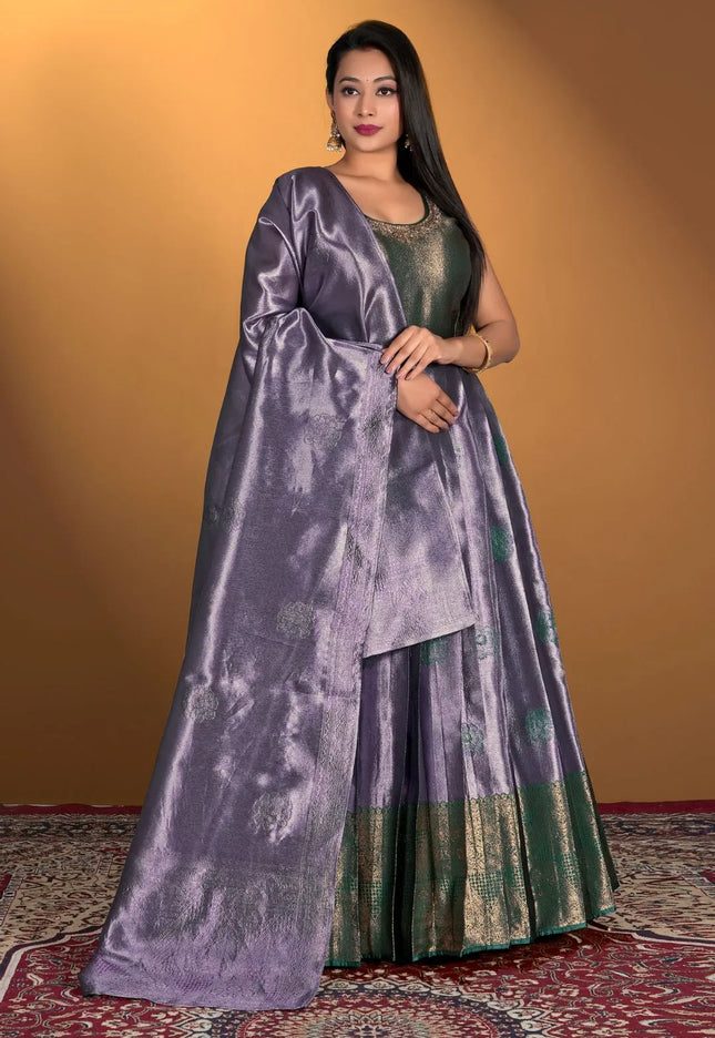 Lavender Banarasi Silk Zari Woven Gown With Dupatta