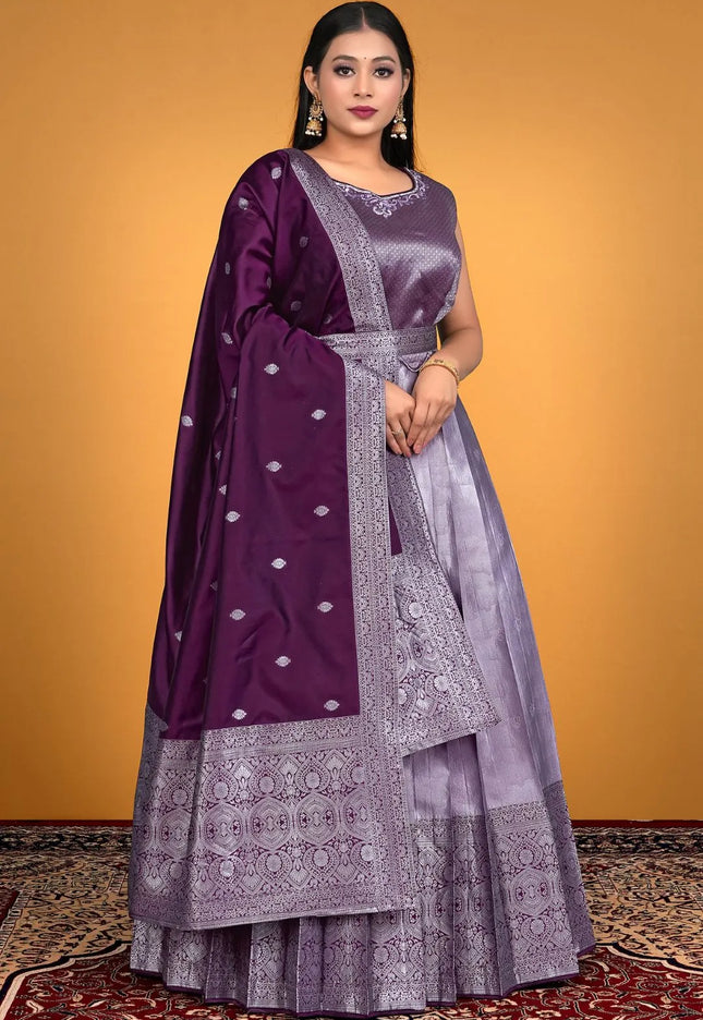 Lavender Designer Banarasi Gown With Dupatta