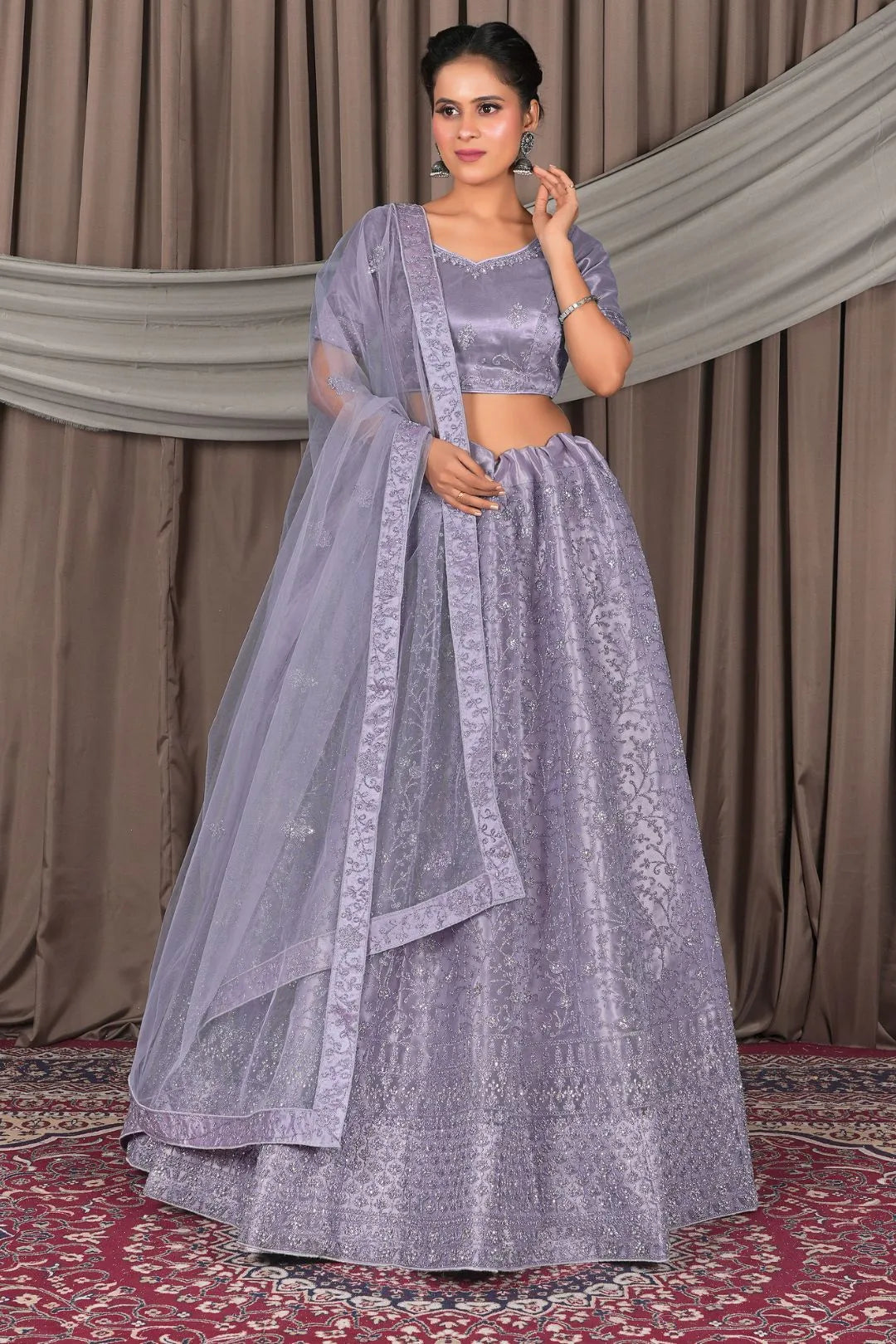 Lavender Designer Net Lehenga Choli For Weddings