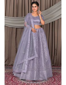 Lavender Designer Net Lehenga Choli For Weddings