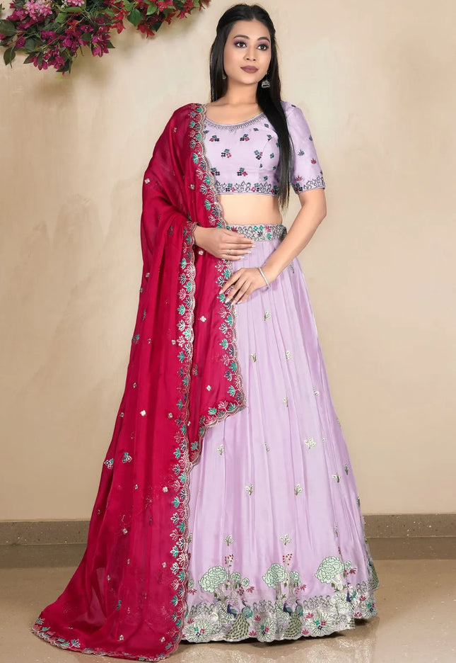 Lavender Embroidered Lehenga Choli In Satin Chiffon Fabric