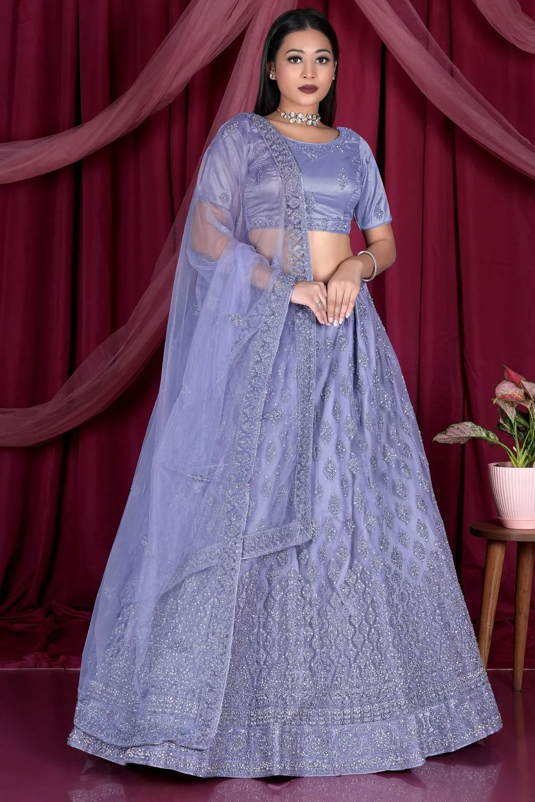 Lavender Embroidery Work Net Lehenga Choli
