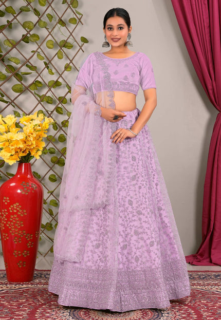 Woman in a lavender traditional lehenga choli