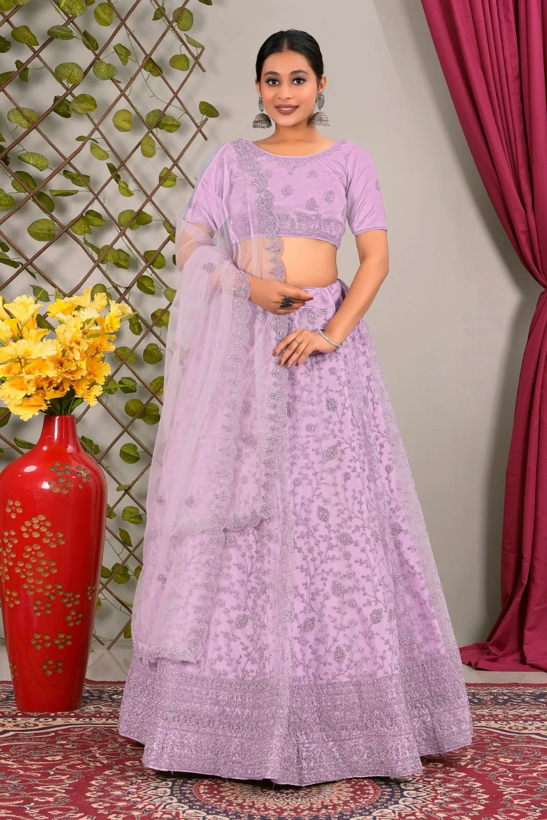 Lavender Latest Net Lehenga Choli Set Wedding
